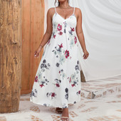 Finjani sieviešu kleita Cami kleita bez aizmugures ar V kakla izgriezumu ar ziedu apdruku 2023. gada vasarā, jauna balta modes lielizmēra kleita