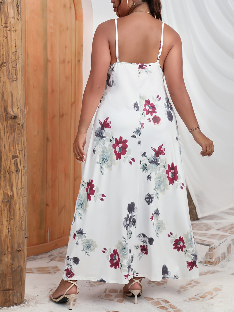 Finjani sieviešu kleita Cami kleita bez aizmugures ar V kakla izgriezumu ar ziedu apdruku 2023. gada vasarā, jauna balta modes lielizmēra kleita