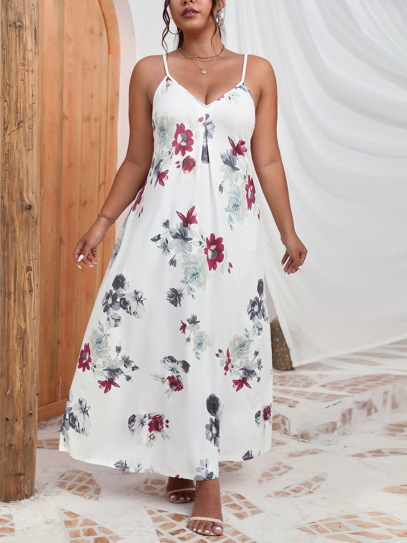 Finjani sieviešu kleita Cami kleita bez aizmugures ar V kakla izgriezumu ar ziedu apdruku 2023. gada vasarā, jauna balta modes lielizmēra kleita