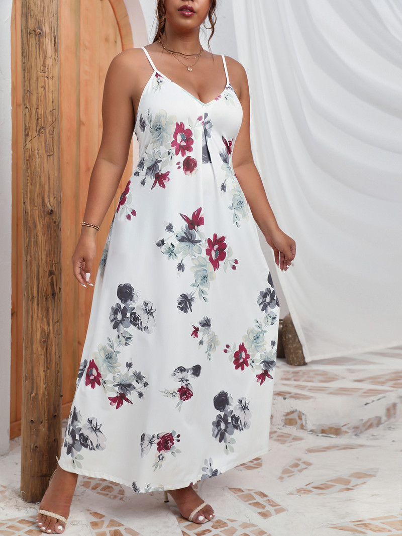 Finjani sieviešu kleita Cami kleita bez aizmugures ar V kakla izgriezumu ar ziedu apdruku 2023. gada vasarā, jauna balta modes lielizmēra kleita