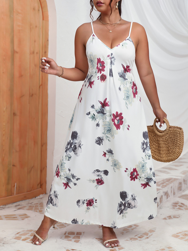 Finjani sieviešu kleita Cami kleita bez aizmugures ar V kakla izgriezumu ar ziedu apdruku 2023. gada vasarā, jauna balta modes lielizmēra kleita