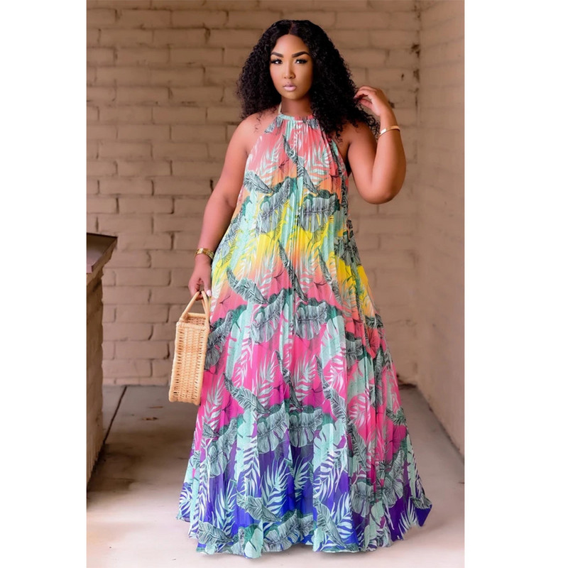 Liela izmēra ballīšu kleita Seksīga, piekarināma kaklam bez aizmugures apdrukas šūpoles Eleganta vasaras maksi kleitas veselas 3xl 4xl 5xl 6xl