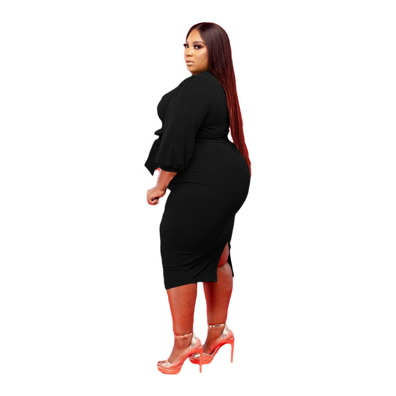 Liela izmēra sieviešu elegantas kleitas vienkrāsainas kleitas ar pufām piedurknēm Sieviešu modes kleitas ar kakla izgriezumu Rudens ikdienas kleitas 3xl 4xl 5xl 6xl