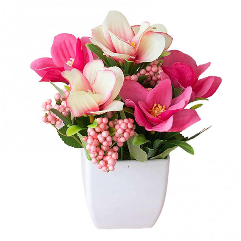 Dārza ballīšu galda ornaments, plastmasas mākslīgais rožu puķu augs podos pundurkociņš