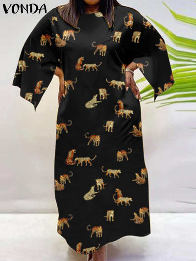 Liela izmēra 5XL VONDA Bohēmijas sieviešu vasaras ballītei gara Maxi kleita, brīva tīģera apdruka, ikdienišķa vintage Vestidos ar 3/4 piedurknēm sauleskleita