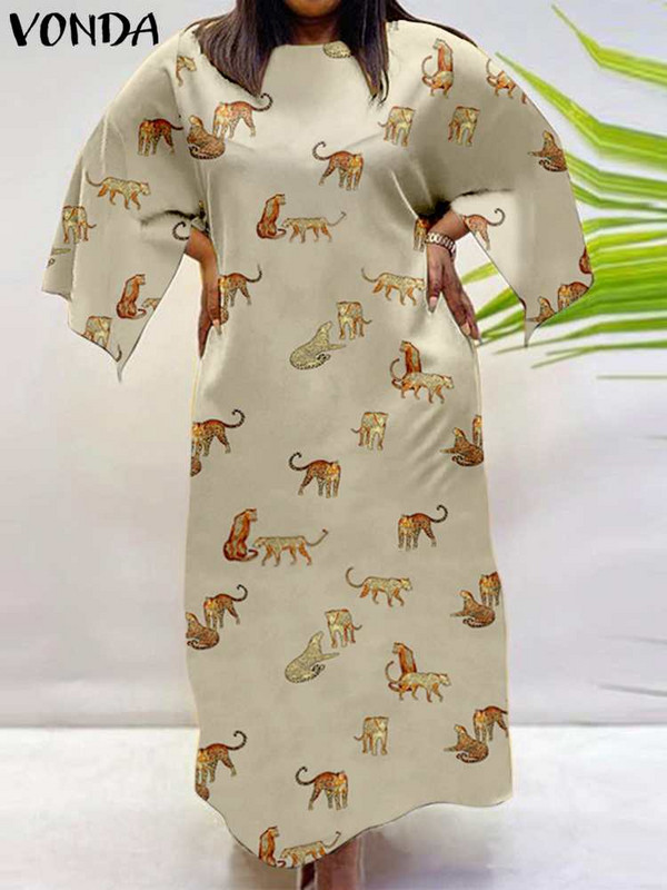 Liela izmēra 5XL VONDA Bohēmijas sieviešu vasaras ballītei gara Maxi kleita, brīva tīģera apdruka, ikdienišķa vintage Vestidos ar 3/4 piedurknēm sauleskleita