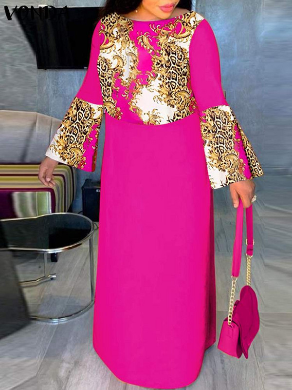 VONDA Liela izmēra sieviešu bohēmiska gara kleita ar trompetes piedurknēm apdrukāta satīna raibs Maxi Vestido O kakla ballītei