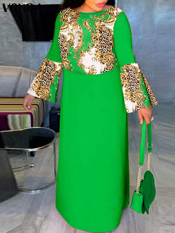 VONDA Liela izmēra sieviešu bohēmiska gara kleita ar trompetes piedurknēm apdrukāta satīna raibs Maxi Vestido O kakla ballītei