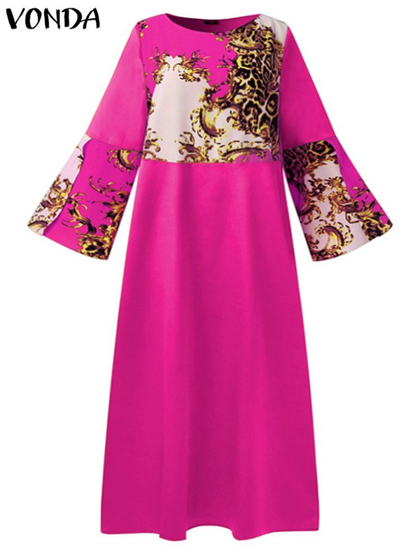 VONDA Liela izmēra sieviešu bohēmiska gara kleita ar trompetes piedurknēm apdrukāta satīna raibs Maxi Vestido O kakla ballītei