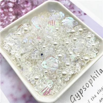 Vairāku izmēru fliteru maisījums, krāsaina pērle, 3-13 mm, sirds gliemežvāku formas vizuļi.