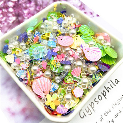 Vairāku izmēru fliteru maisījums, krāsaina pērle, 3-13 mm, sirds gliemežvāku formas vizuļi.