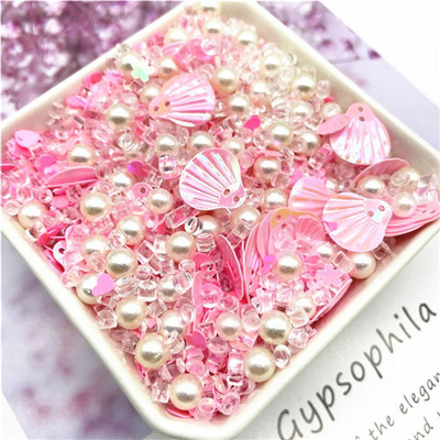 Vairāku izmēru fliteru maisījums, krāsaina pērle, 3-13 mm, sirds gliemežvāku formas vizuļi.