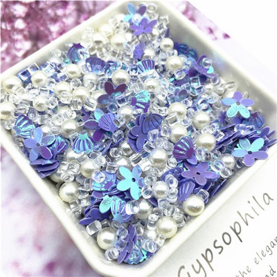 Vairāku izmēru fliteru maisījums, krāsaina pērle, 3-13 mm, sirds gliemežvāku formas vizuļi.