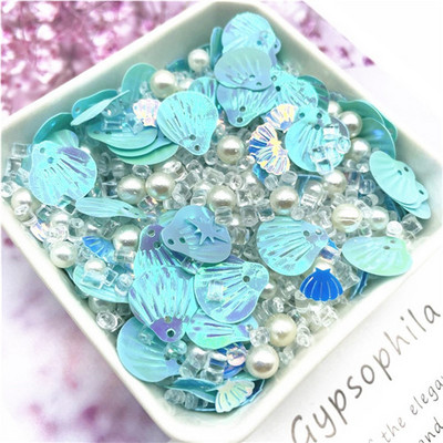 Vairāku izmēru fliteru maisījums, krāsaina pērle, 3-13 mm, sirds gliemežvāku formas vizuļi.