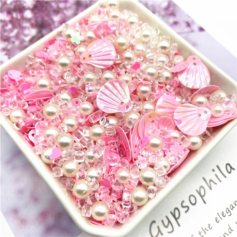 Vairāku izmēru fliteru maisījums, krāsaina pērle, 3-13 mm, sirds gliemežvāku formas vizuļi.