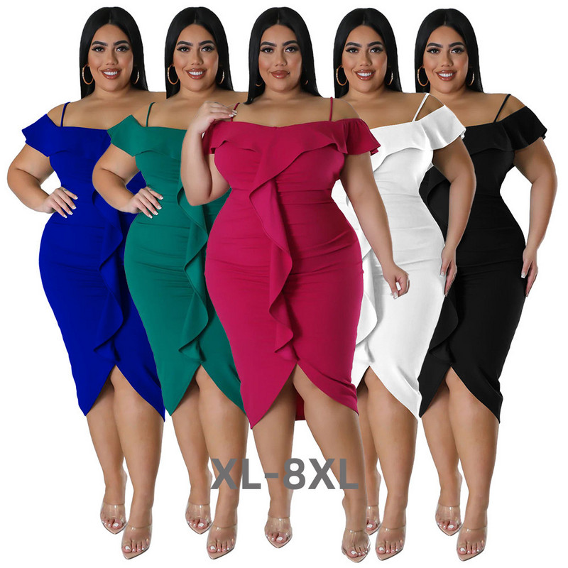 Liela izmēra Vasaras volāni Slash Kakls Sieviešu Bodycon Kleita Spageti Kleita Ballīte Brīvdienu Ikdienas Īsām Piedurknēm 3xl 4xl 5xl 6xl