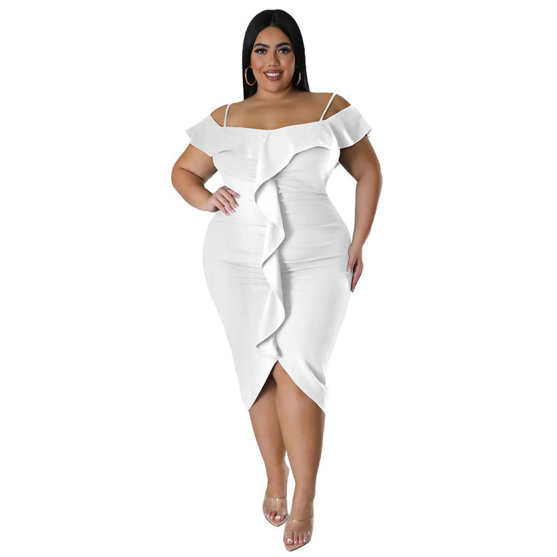 Liela izmēra Vasaras volāni Slash Kakls Sieviešu Bodycon Kleita Spageti Kleita Ballīte Brīvdienu Ikdienas Īsām Piedurknēm 3xl 4xl 5xl 6xl