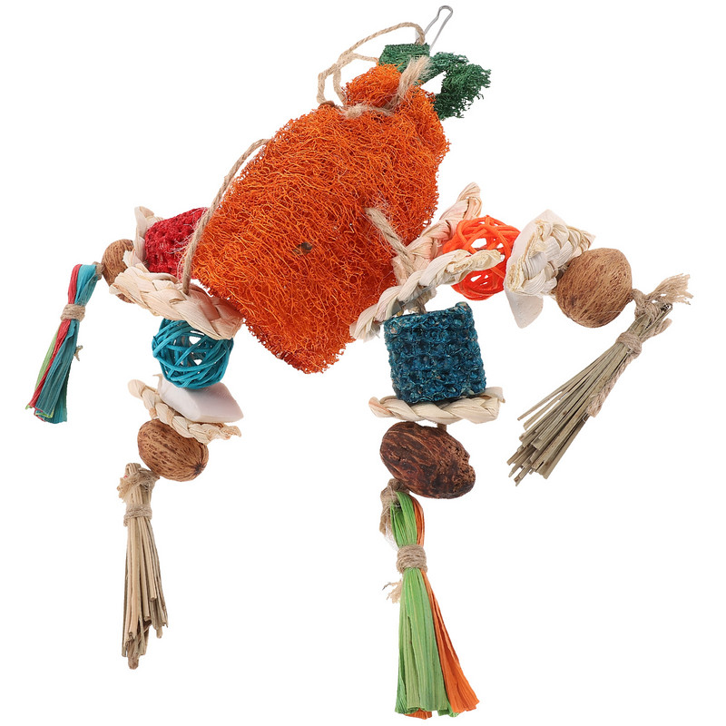 Košļājamā rotaļlieta putnu būrī, košļājamā rotaļlieta lufa, sūklis, kulons, papagaiļa zobu griešana