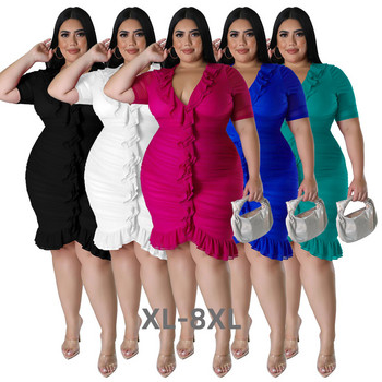 Plus Size 2023 Summer Solid Ruffles Γυναικείο σέξι φόρεμα v λαιμόκοψη κοντό μανίκι Κομψά γυναικεία πάρτι club φορέματα 3xl 4xl 5xl 6xl