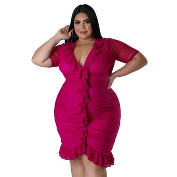 Plus Size 2023 Summer Solid Ruffles Γυναικείο σέξι φόρεμα v λαιμόκοψη κοντό μανίκι Κομψά γυναικεία πάρτι club φορέματα 3xl 4xl 5xl 6xl