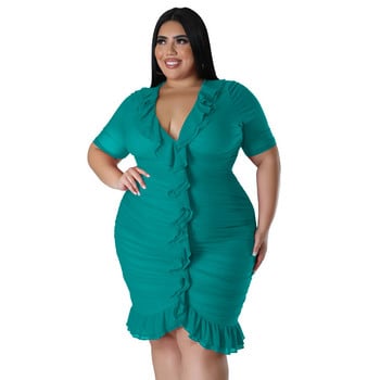 Plus Size 2023 Summer Solid Ruffles Γυναικείο σέξι φόρεμα v λαιμόκοψη κοντό μανίκι Κομψά γυναικεία πάρτι club φορέματα 3xl 4xl 5xl 6xl