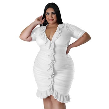 Plus Size 2023 Summer Solid Ruffles Γυναικείο σέξι φόρεμα v λαιμόκοψη κοντό μανίκι Κομψά γυναικεία πάρτι club φορέματα 3xl 4xl 5xl 6xl