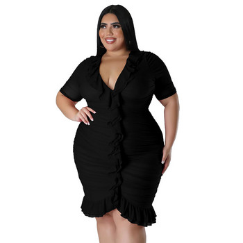 Plus Size 2023 Summer Solid Ruffles Γυναικείο σέξι φόρεμα v λαιμόκοψη κοντό μανίκι Κομψά γυναικεία πάρτι club φορέματα 3xl 4xl 5xl 6xl