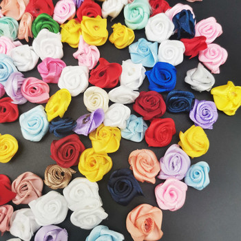 (100 бр./опаковка) 15 mm смесен цвят Малка роза Мини ръчно изработена сатенена панделка Направи си сам Розова глава Сватбена декорация за скрапбукинг Цвете