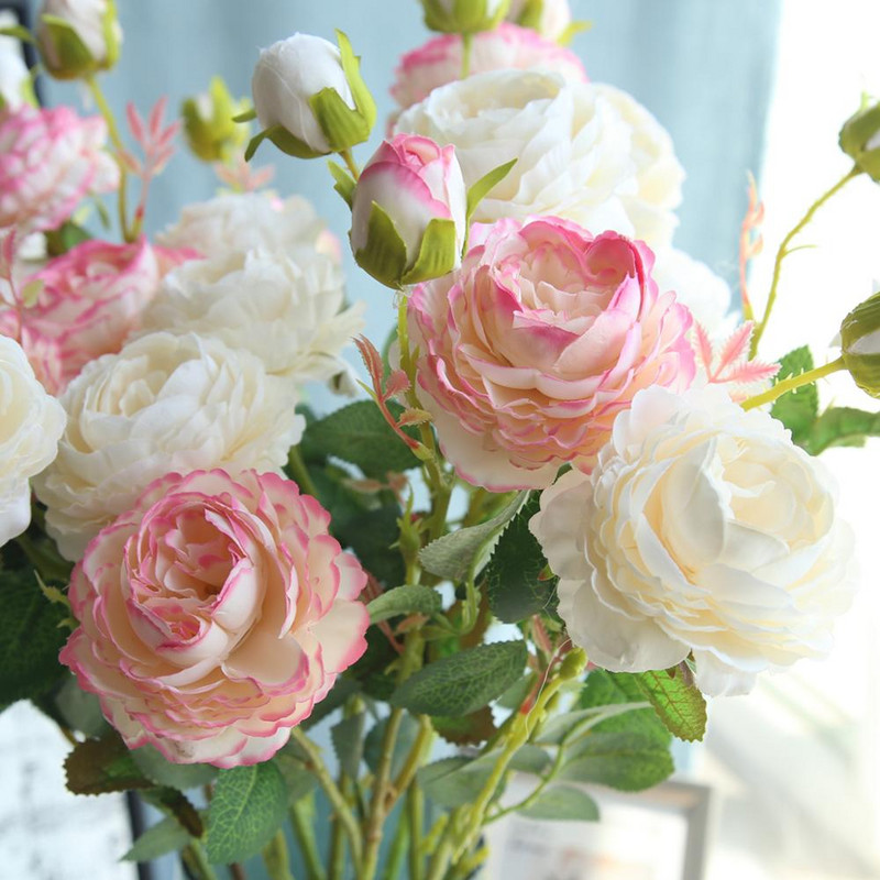 61cm garš Eiropas mākslīgais zieds 3 galvas mājas zīda peonija kāzu zieds ārzemju roze dekoratīvs ziedu puķu dekors 1 gab.