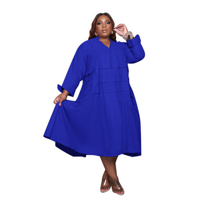 Liela izmēra jauni rudens kreklu kleitas sievietēm Apģērbi Vairumtirdzniecība ikdienišķa brīva, liela apakšmala v kakla salokāma Maxi kleita Stre 3xl 4xl 5xl 6xl