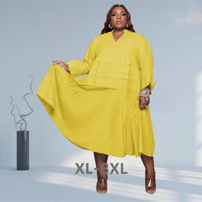 Liela izmēra jauni rudens kreklu kleitas sievietēm Apģērbi Vairumtirdzniecība ikdienišķa brīva, liela apakšmala v kakla salokāma Maxi kleita Stre 3xl 4xl 5xl 6xl