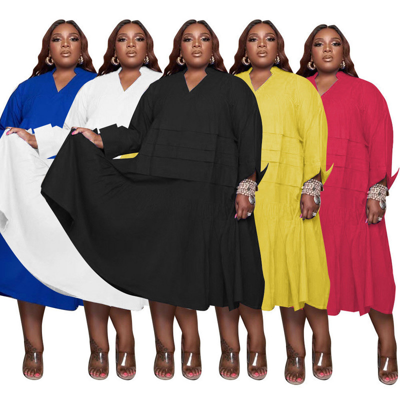 Liela izmēra jauni rudens kreklu kleitas sievietēm Apģērbi Vairumtirdzniecība ikdienišķa brīva, liela apakšmala v kakla salokāma Maxi kleita Stre 3xl 4xl 5xl 6xl