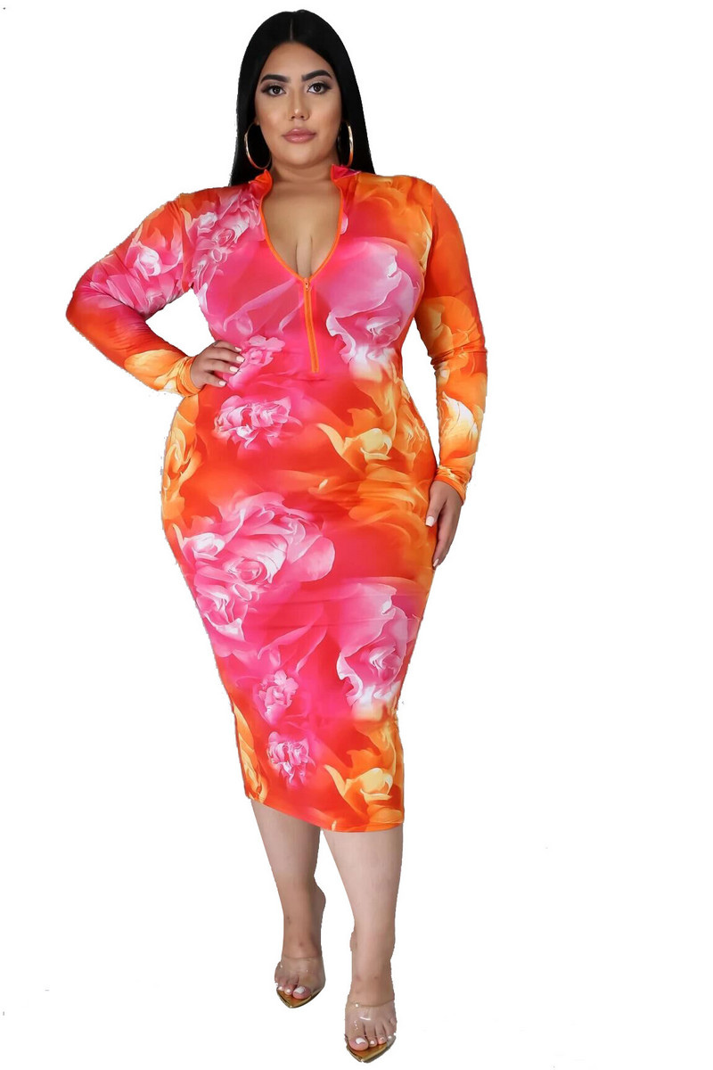 Liela izmēra rudens sieviešu apģērbi Seksīgas kleitas Sieviešu rāvējslēdzējs Slim Printing Garas kleitas Vairumtirdzniecība Dro 3xl 4xl 5xl 6xl