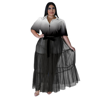 Plus Size Fashion Printed Mesh Patchwork Γυναικεία Ρούχα Κομψό πουκάμισο με πέτο μάξι μακριά φορέματα ολόκληρα 3xl 4xl 5xl 6xl