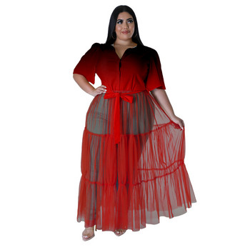 Plus Size Fashion Printed Mesh Patchwork Γυναικεία Ρούχα Κομψό πουκάμισο με πέτο μάξι μακριά φορέματα ολόκληρα 3xl 4xl 5xl 6xl