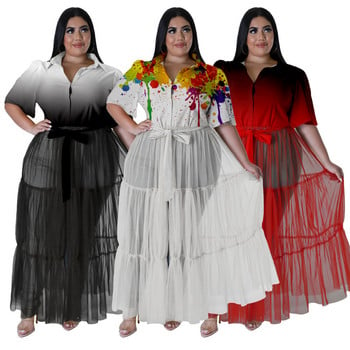 Plus Size Fashion Printed Mesh Patchwork Γυναικεία Ρούχα Κομψό πουκάμισο με πέτο μάξι μακριά φορέματα ολόκληρα 3xl 4xl 5xl 6xl