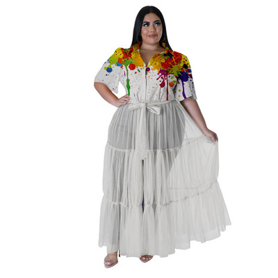 Liela izmēra modes apdruka, sieta raibs sieviešu apģērbs Elegants krekls ar atlokiem Maxi garās kleitas veselas 3xl 4xl 5xl 6xl