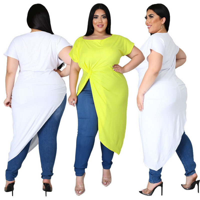 Vasaras jauna sieviešu kleita, seksīga vienkrāsaina resna sieviete, liela izmēra tops Asimetriska ikdienas kleita ar īsām piedurknēm liela izmēra XL-4XL