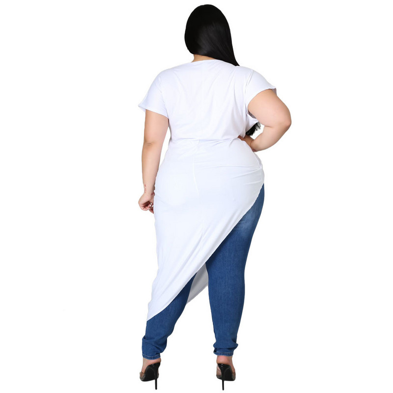 Vasaras jauna sieviešu kleita, seksīga vienkrāsaina resna sieviete, liela izmēra tops Asimetriska ikdienas kleita ar īsām piedurknēm liela izmēra XL-4XL