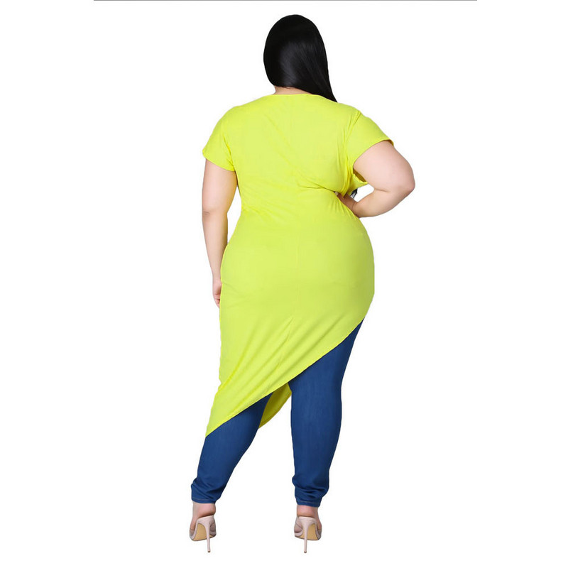 Vasaras jauna sieviešu kleita, seksīga vienkrāsaina resna sieviete, liela izmēra tops Asimetriska ikdienas kleita ar īsām piedurknēm liela izmēra XL-4XL