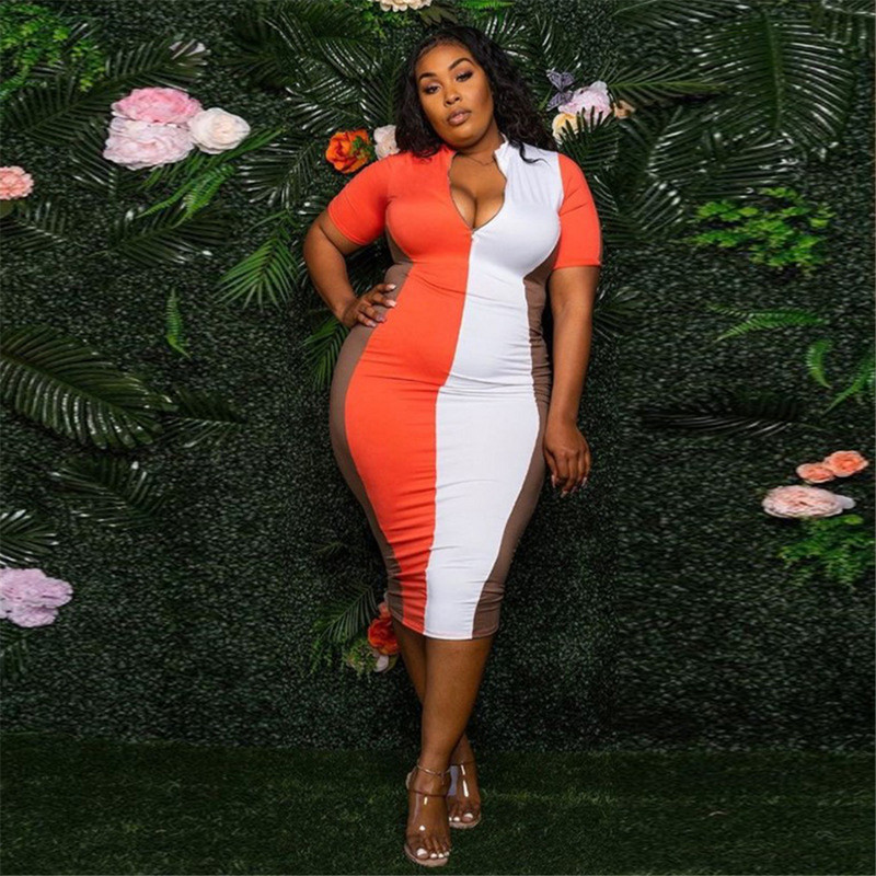 Liela izmēra kleitas sievietēm, 2021. gada vasara, vairumtirdzniecība ar rāvējslēdzēju uz augšu Bodycon Stretch Patchwork Maxi kleita, eleganta ballīte, 3xl 4xl 5xl 6xl