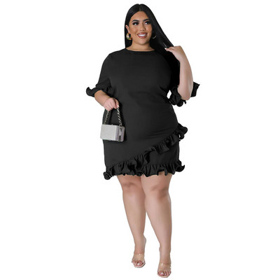 Liela izmēra vasaras modes volāni sieviešu ikdienas kleita ar pusi piedurknēm apaļš kakls, vienkrāsains elegants sieviešu ballīte, mini 3xl 4xl 5xl 6xl