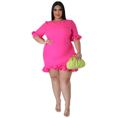 Liela izmēra vasaras modes volāni sieviešu ikdienas kleita ar pusi piedurknēm apaļš kakls, vienkrāsains elegants sieviešu ballīte, mini 3xl 4xl 5xl 6xl