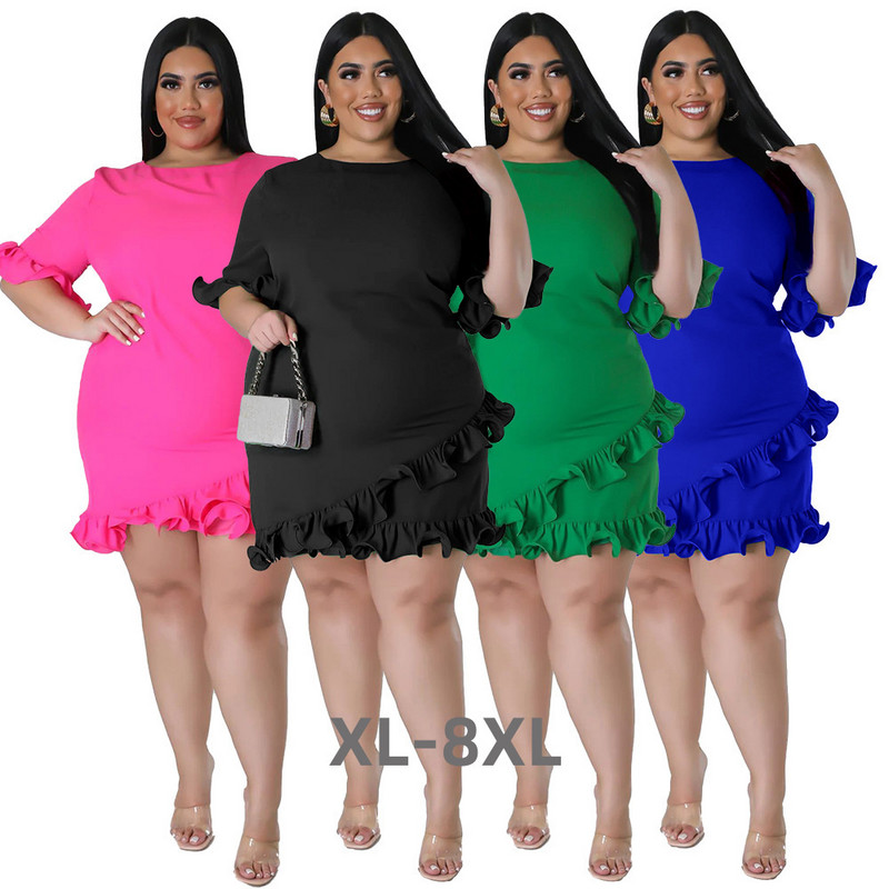 Liela izmēra vasaras modes volāni sieviešu ikdienas kleita ar pusi piedurknēm apaļš kakls, vienkrāsains elegants sieviešu ballīte, mini 3xl 4xl 5xl 6xl