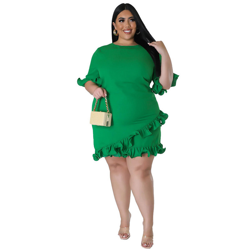 Liela izmēra vasaras modes volāni sieviešu ikdienas kleita ar pusi piedurknēm apaļš kakls, vienkrāsains elegants sieviešu ballīte, mini 3xl 4xl 5xl 6xl