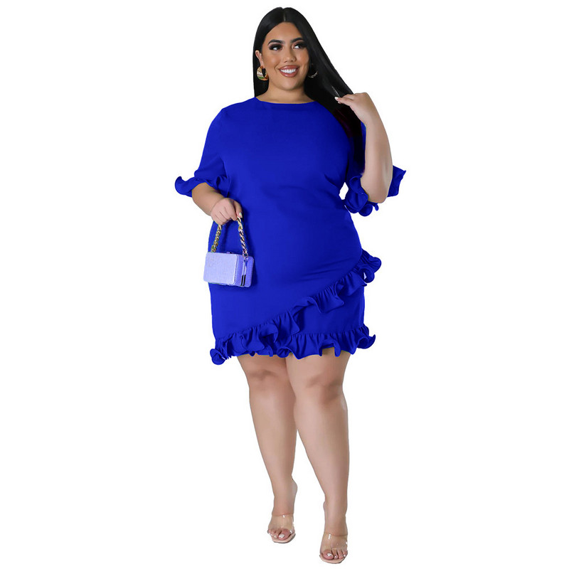 Liela izmēra vasaras modes volāni sieviešu ikdienas kleita ar pusi piedurknēm apaļš kakls, vienkrāsains elegants sieviešu ballīte, mini 3xl 4xl 5xl 6xl