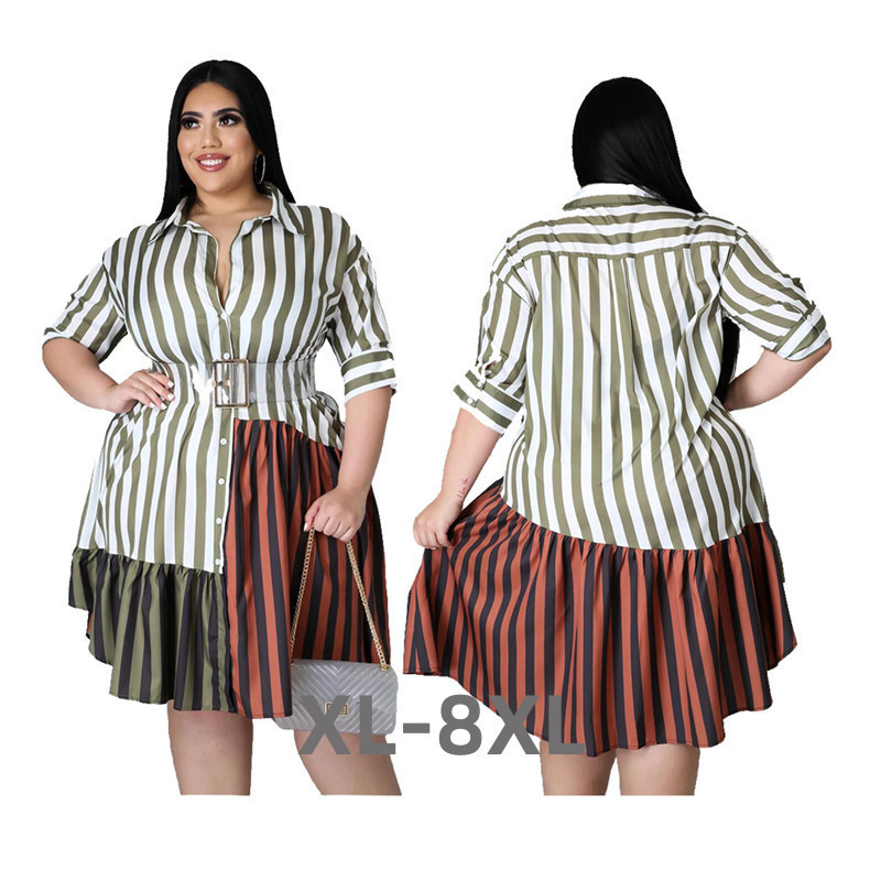 Liela izmēra apģērbi sievietēm Kleitas Vairumtirdzniecība Modes Ielu apģērbi Patchwork Svītraini biroja sieviešu krekli Midi Dre 3xl 4xl 5xl 6xl