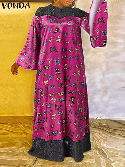 Liela izmēra 5XL VONDA sieviešu kleita ar bohēmisku apdruku, 2023. g. garām piedurknēm, kroku vintage mežģīņu raibs gadījuma brīvs ballītes Vestido halāts