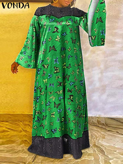 Liela izmēra 5XL VONDA sieviešu kleita ar bohēmisku apdruku, 2023. g. garām piedurknēm, kroku vintage mežģīņu raibs gadījuma brīvs ballītes Vestido halāts