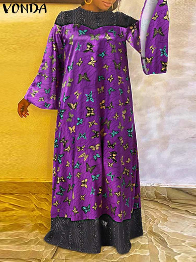 Liela izmēra 5XL VONDA sieviešu kleita ar bohēmisku apdruku, 2023. g. garām piedurknēm, kroku vintage mežģīņu raibs gadījuma brīvs ballītes Vestido halāts
